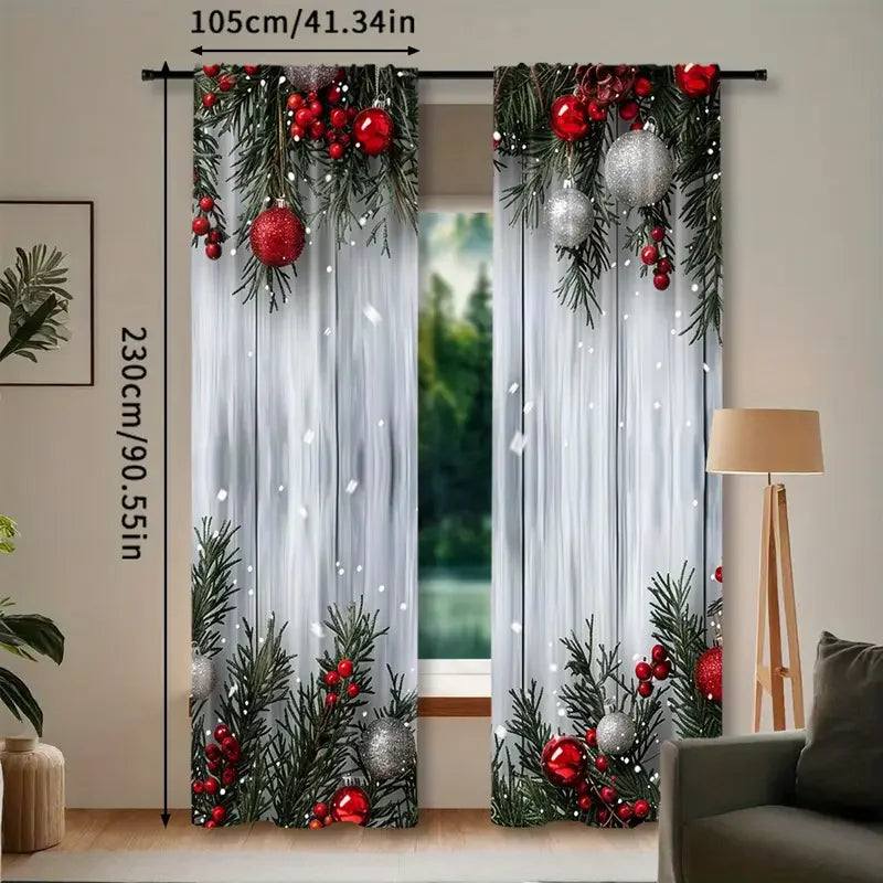 Holiday Christmas balls and pine branch - printed curtains, suitable for home decoration in bedrooms and living rooms