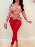 Sexy see through Rhinestone mesh bodycon jumpsuit women summer Long sleeve jumpsuits body birthday party club outfits bodysuit