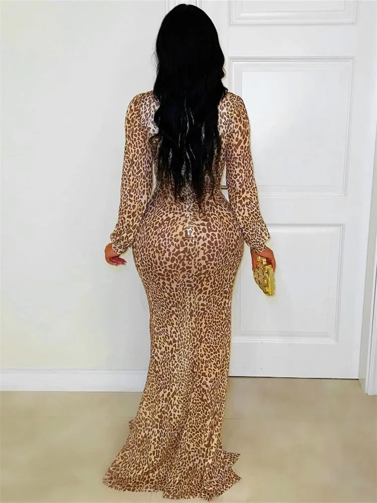 Sexy Leopard Split Dress Women Deep V-Neck Metal Decoration Elegant Peach Hip Street Club Stretch Skinny Maxi Bodycon