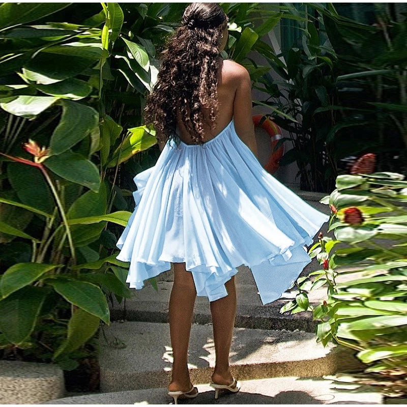 Elegant Halter Ruffles Short Dress Women Loose Solid Strapless Sleeveless Backless Dresses 2025 Summer Lady Beach Vacation Robes