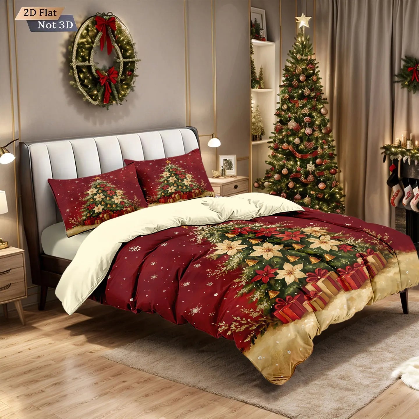 3pcs red Christmas tree print coreless bedding set, multi size bedroom and dormitory duvet cover machine washable decoration
