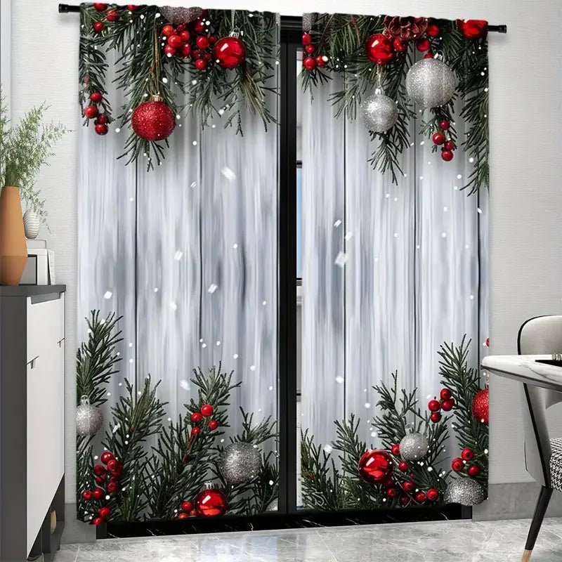 Holiday Christmas balls and pine branch - printed curtains, suitable for home decoration in bedrooms and living rooms