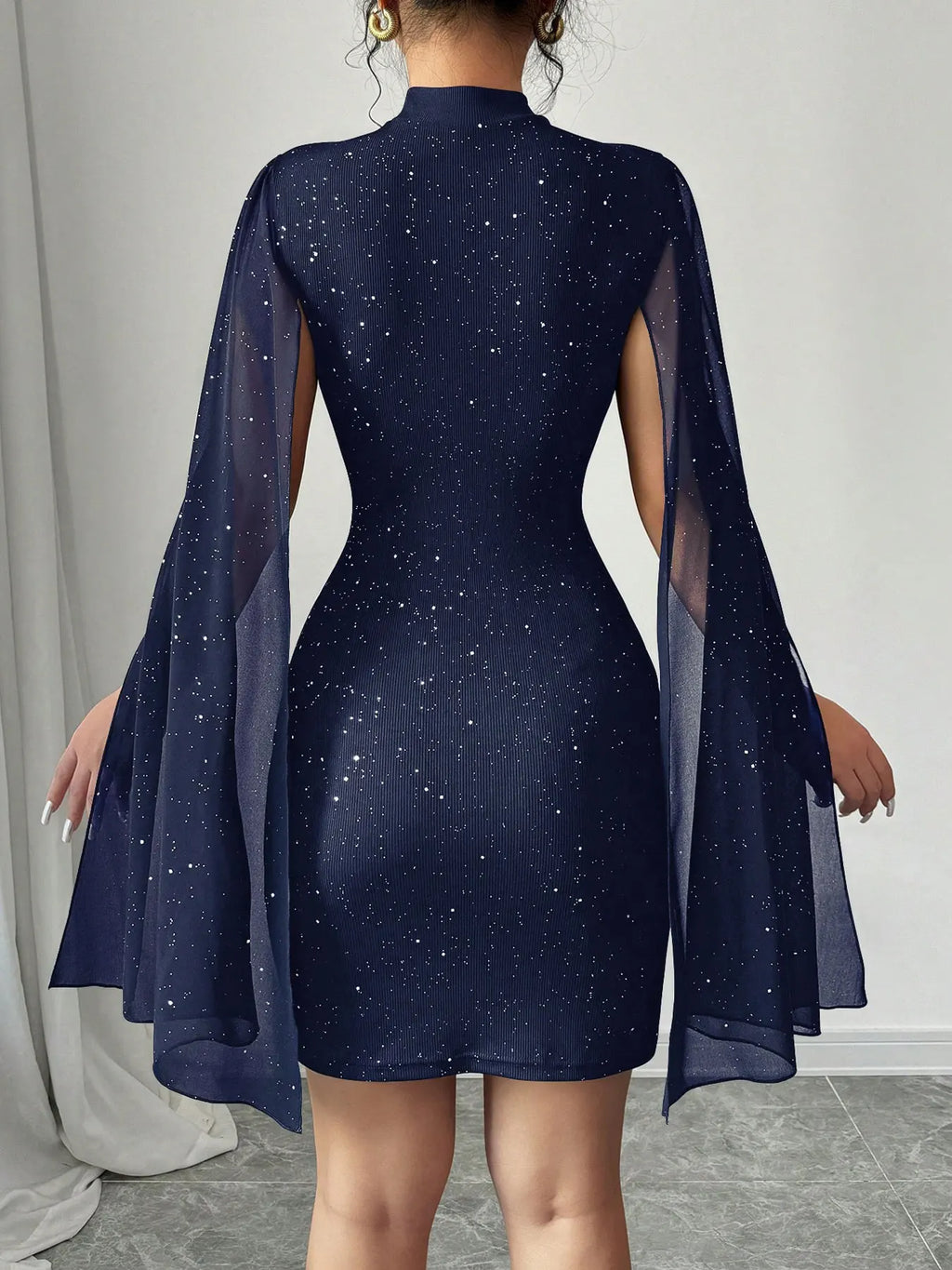 Sexy Women's Stand Collar Cape Mini Dress Sequins Sparkling Club Party Night Out Fitted Bodycon Elegant Autumn Winter