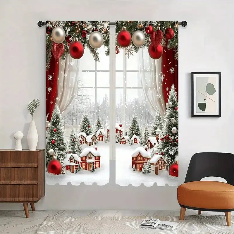 2pcs - Christmas snow scene forest scene printed curtains, pole bag curtains, home decoration, room decoration