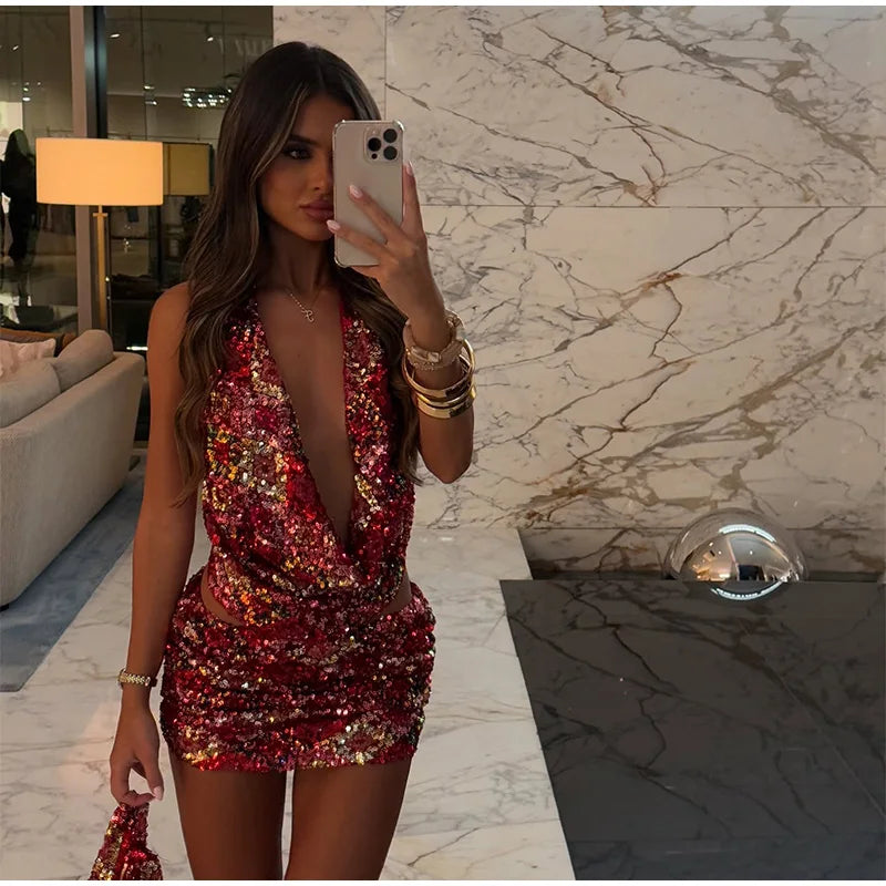 Colorful Sequin Halter Plunge-Neck Set Sleeveless Backless Vest Bodycon Mini Skirt 2025 Summer Party Chic Suit Sexy Lady Outfit