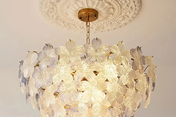 LED Glass Flower Pendant Light for Living Dining Room Bedroom Modern French Style Home Decoration Hanging Lamp E14