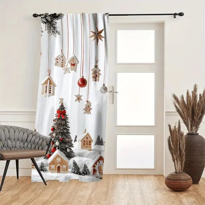 2pcs - Christmas gingerbread house and cedar tree pattern printed curtains, pole bag curtains, home decoration, room decoration