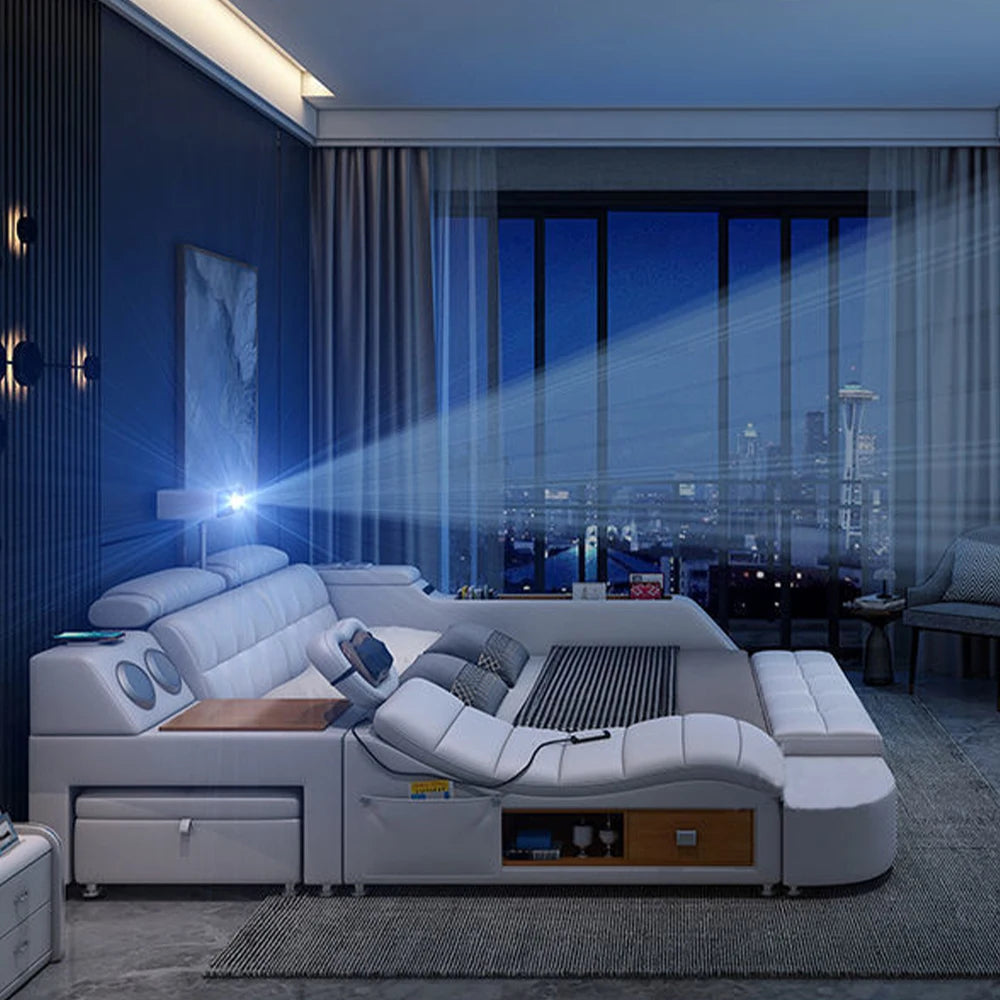 MINGDIBAO Tech Smart Genuine Leather Bed | Multifunctional Ultimate Beds | Massage Tatami Bed with Projecter | Upholstered Cama