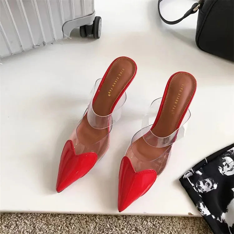 Elegant Pointed Toe Transparent PVC Heart High Heels Mules Slipper Shoes Women 2025 Black White Red Shoes Luxury Designer Pumps