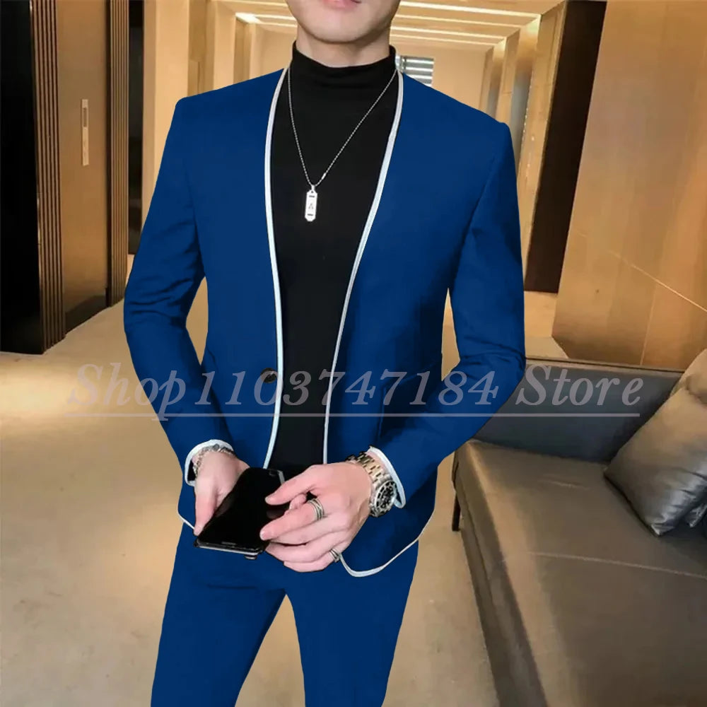Elegant Black Gentlemen Men's Suits Slim Fit Casual Prom Party 2 Piece Jacket Pants Full Set Luxury Male Clothing Terno Blazer