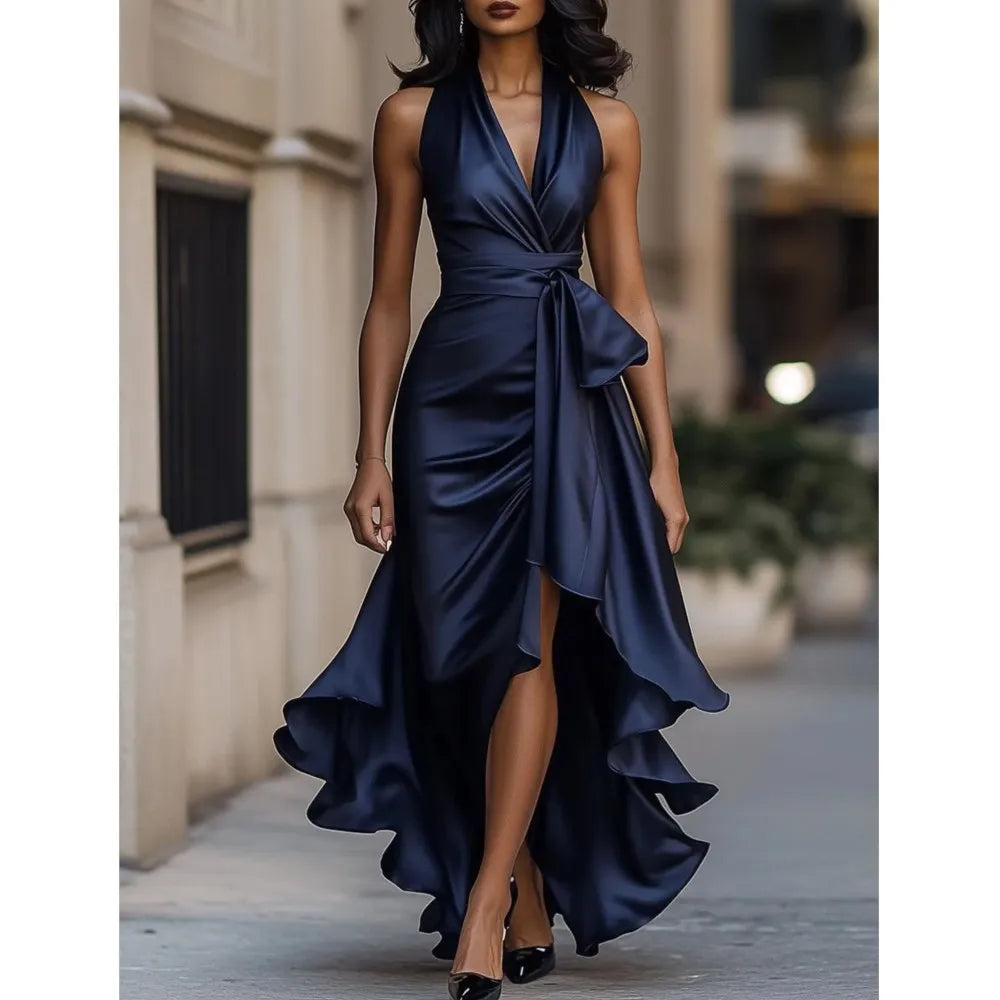 Elegant Women's Evening Rules Ruffled Slit Dress Summer Sexy Deep V Neck Backless Slimming Lady Waist Cinching Lace Up Dreses