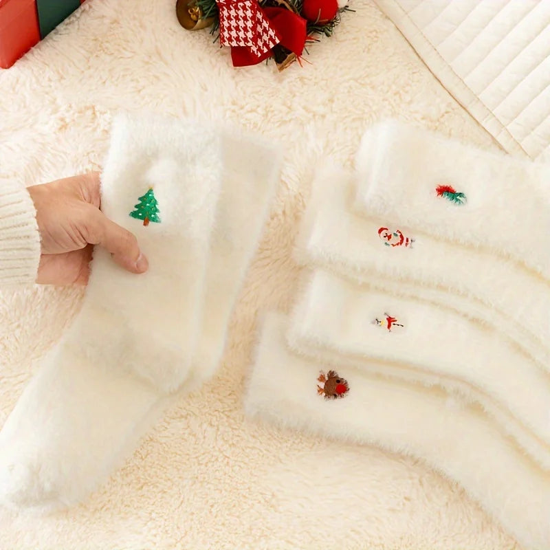 Cozy White Plush Xmas Socks - 5PCS Mid-Calf Warm Holiday Socks with Festive Designs for Teens. Soft & Thick for Winter Comfort!