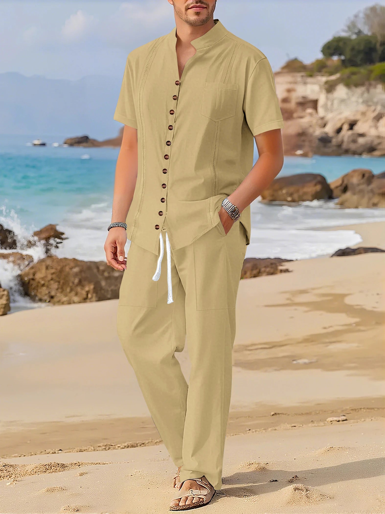 Men's Fashionable Cotton Linen Shirt Set with Cuban Pocket Long Sleeve Casual Two-Piece Suit Spring Autumn 100% Natural Fiber