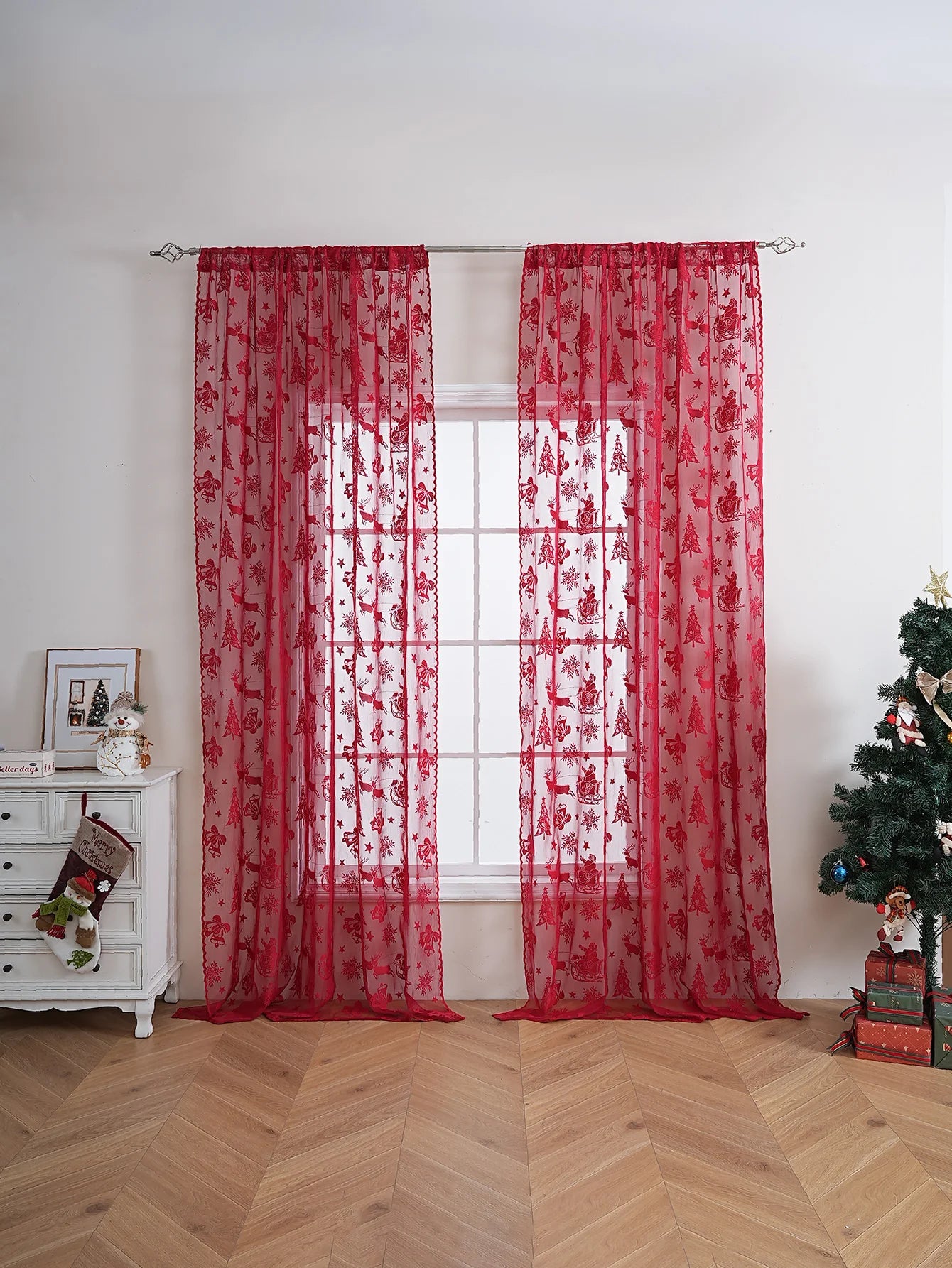 American Red Lace Sleigh Santa Christmas Curtains for Living Room Bedroom Window Festive Atmosphere Decorative