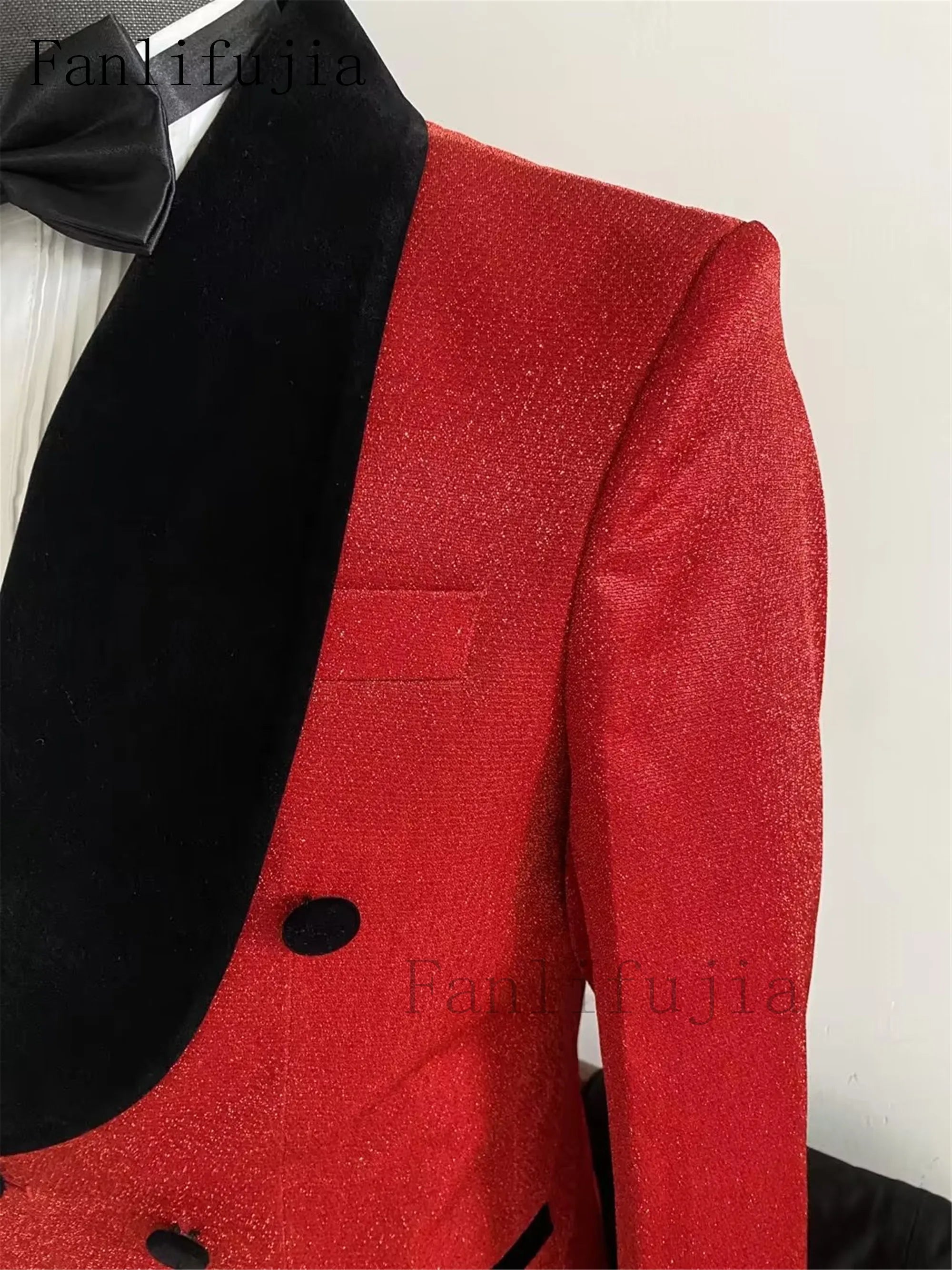 Fanlifujia Luxury Red Glitter Suits Men Groom Wedding Tuxedo Double Breasted Blazer Formal Evening Party
