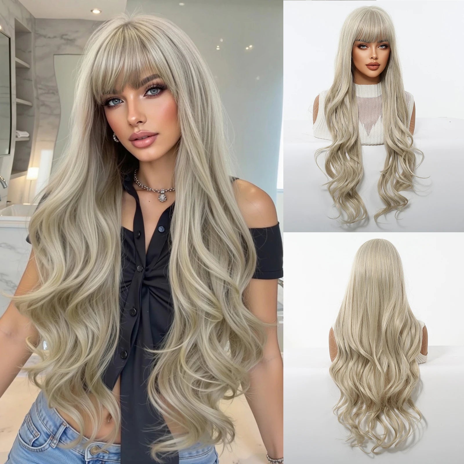 Rose Blonde Ombre Brown Long Natural Wave Synthetic Wigs with Bangs for Women Heat Resistant Daily Cosplay Party Hairs Wig Use