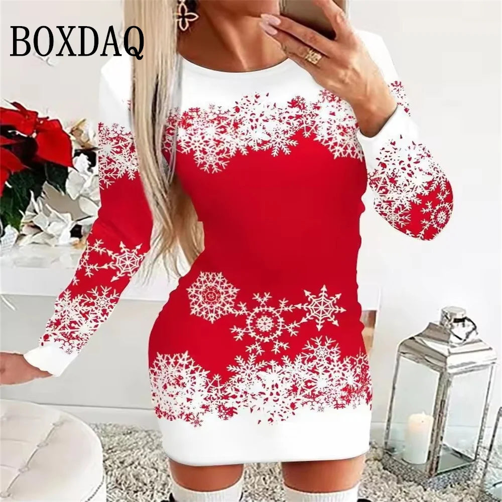Women Christmas Party 3D Funny Snowman Christmas Element Printed  2025 Autumn Winter Long Sleeve Casual Bodycon D.