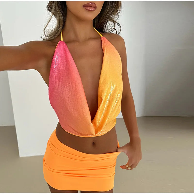 Colorful Sequin Halter Plunge-Neck Set Sleeveless Backless Vest Bodycon Mini Skirt 2025 Summer Party Chic Suit Sexy Lady Outfit