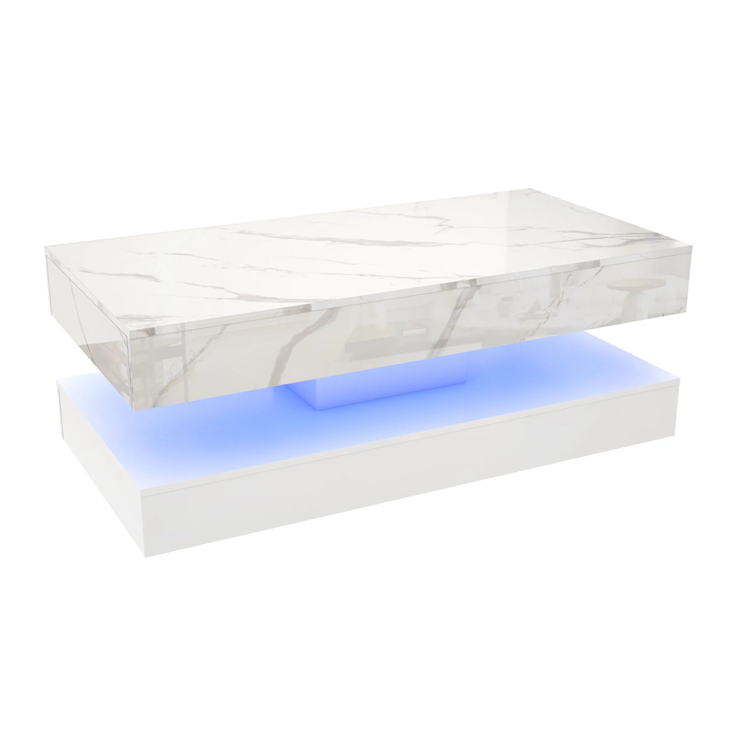 Modern Stylish Coffee Table with LED lights, Double-Layer Design for Living Room Coffee Table with 2 Storage Drawers