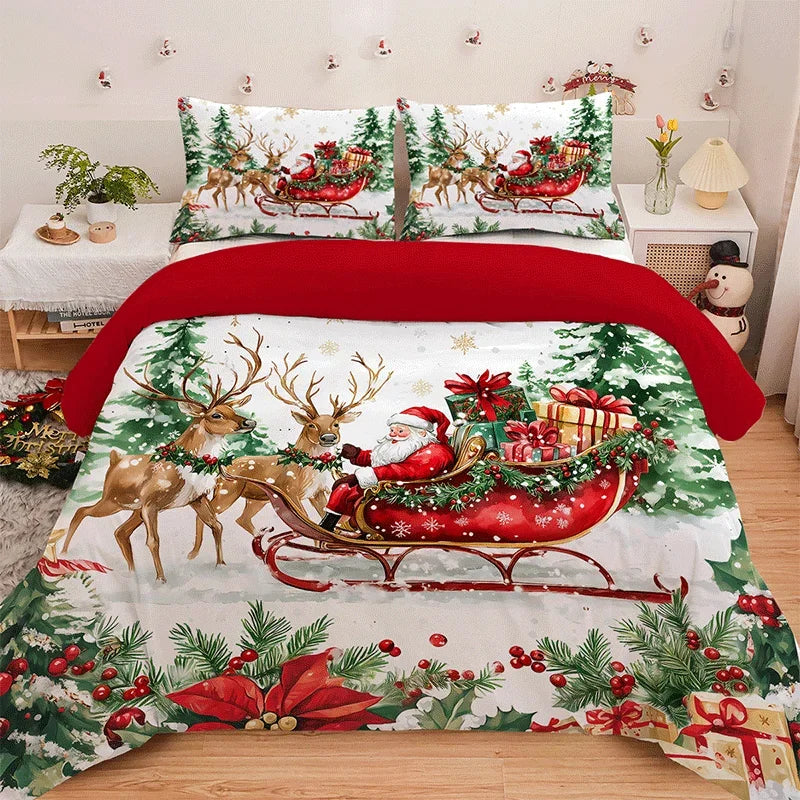 3PC Sled Elderly Duvet Cover Cute Elk Set Bedding Set (1Duvet Cover&2Pillowcases) Christmas Furniture Decor No Filler/Core