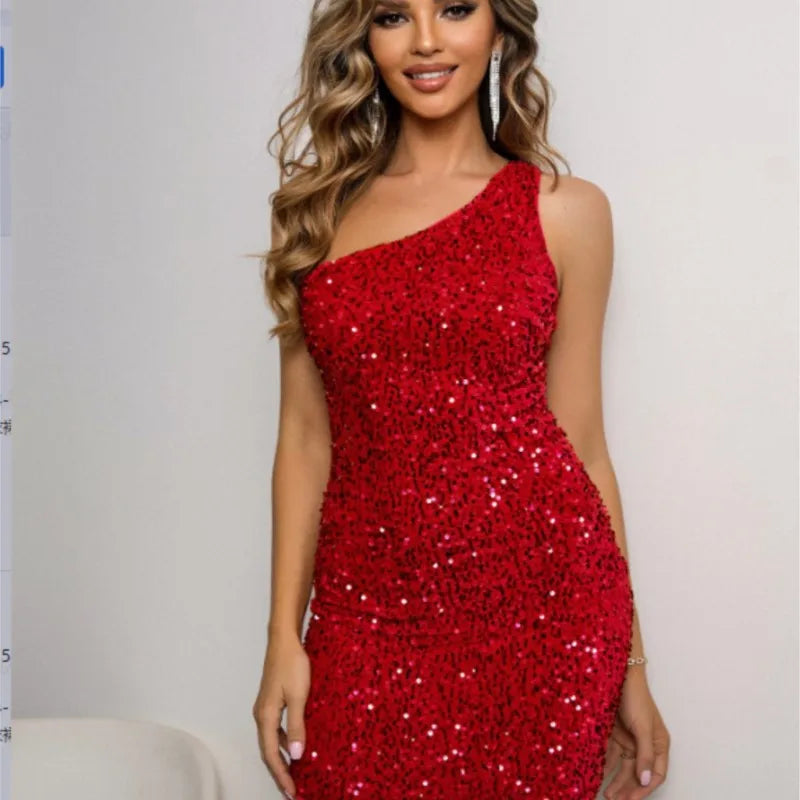 Women's Dress Black Sequin Summer Women Elegant Backless Diagonal Collar One Shoulder Sleeveless See Through Wrapped Hip  Dress