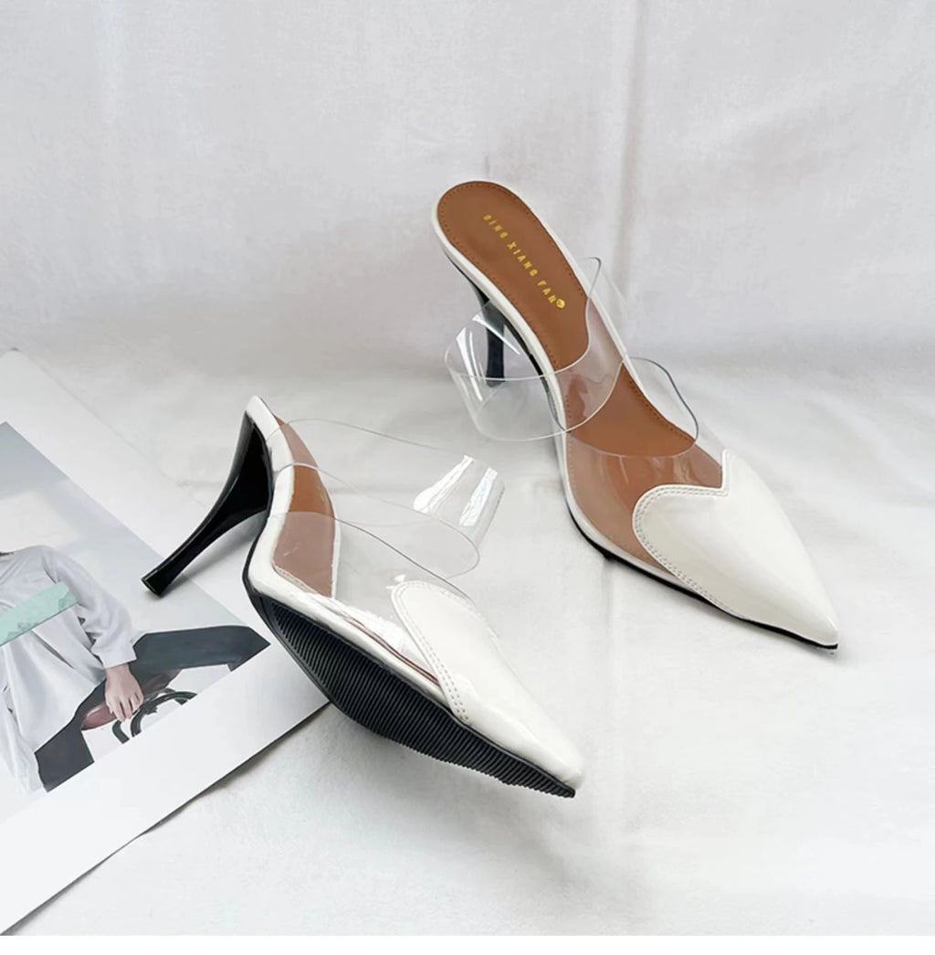 Elegant Pointed Toe Transparent PVC Heart High Heels Mules Slipper Shoes Women 2025 Black White Red Shoes Luxury Designer Pumps