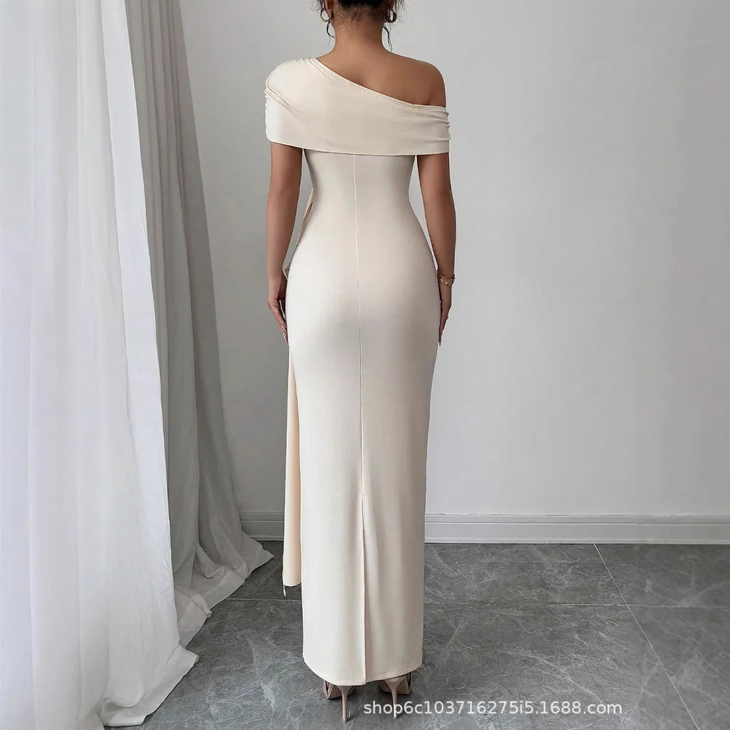 Sheath Dress Women Party Long Dresses Asymmetrical Diagonal Collar Slim Folds Maxi Gown Summer 2025 Female Sexy Vestidos