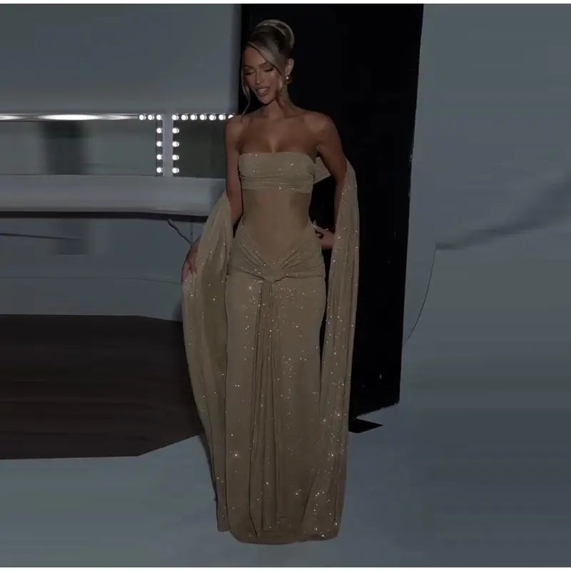 Women's Elegant Bustier Dress Sexy Strapless Corset Transparent Draped Satin Lace Up Bodycon Dresses Evening Party Shining Robe