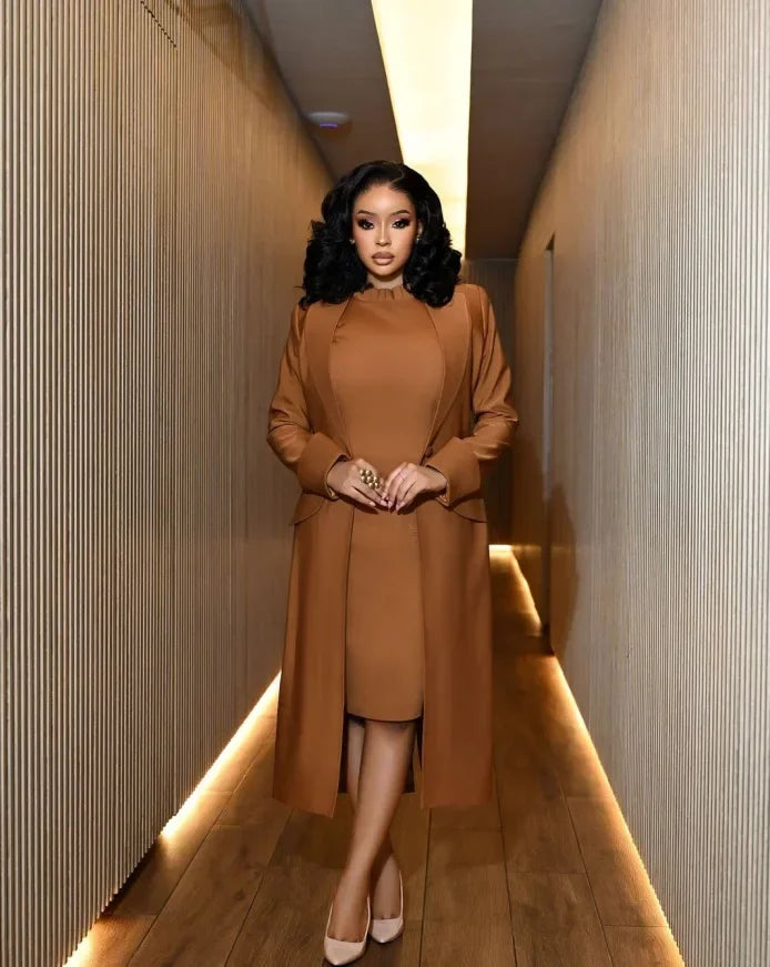 Women's Set Full Sleeve Long Blazer Coat+ Long Dress Suit  Winter Streetwear Two 2 Piece Set Africa OL Work Outfits