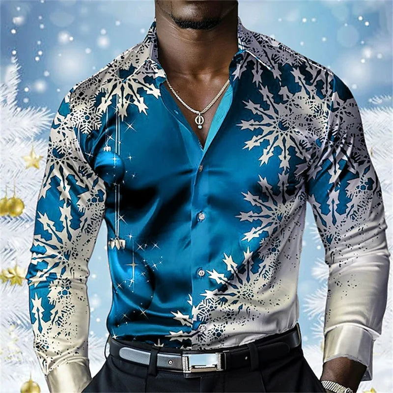 Christmas Men's Snowflake Satin Button Shirt Long Sleeve Casual Holiday Party Evening Wear Daily Four Seasons Lapel Shirt