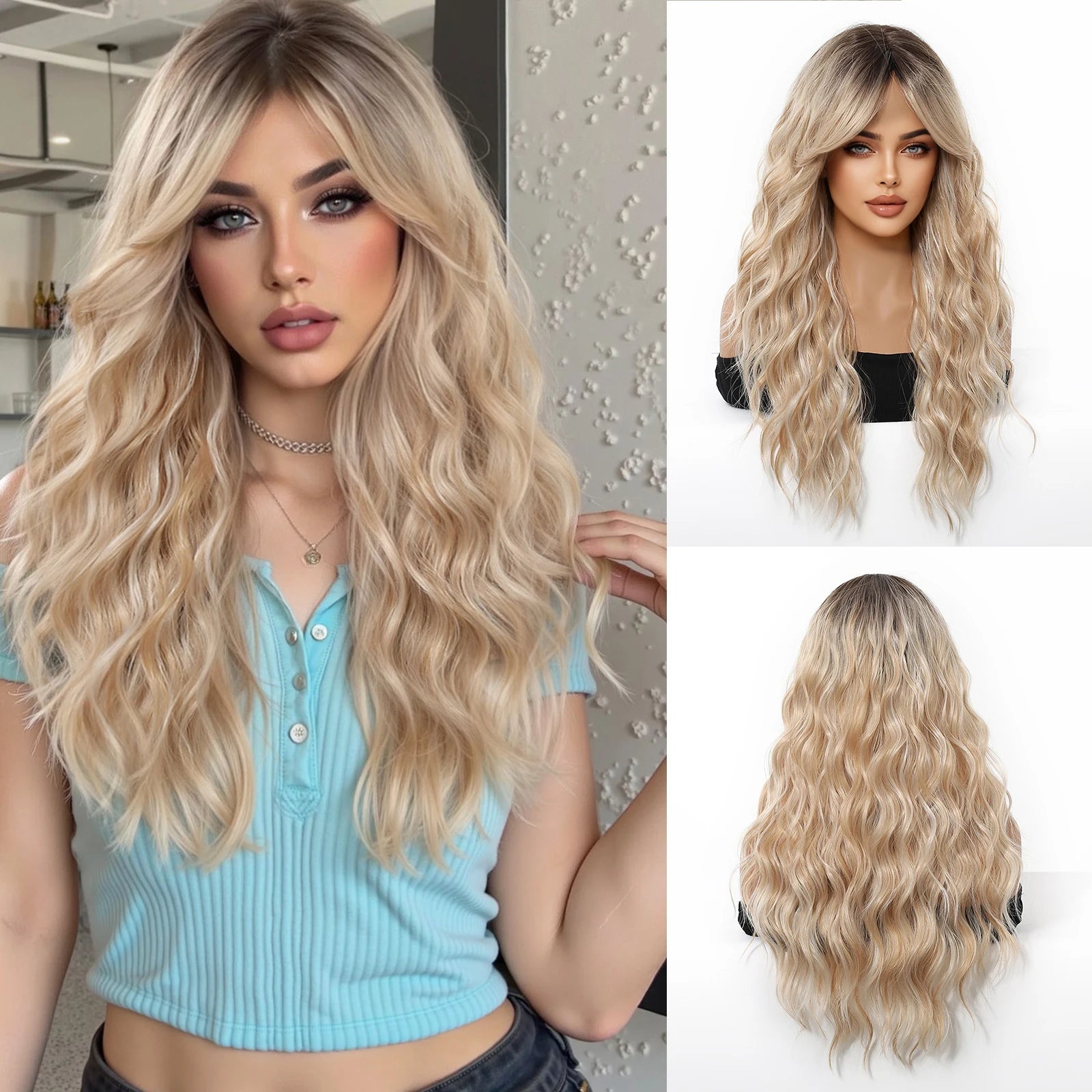 Rose Blonde Ombre Brown Long Natural Wave Synthetic Wigs with Bangs for Women Heat Resistant Daily Cosplay Party Hairs Wig Use