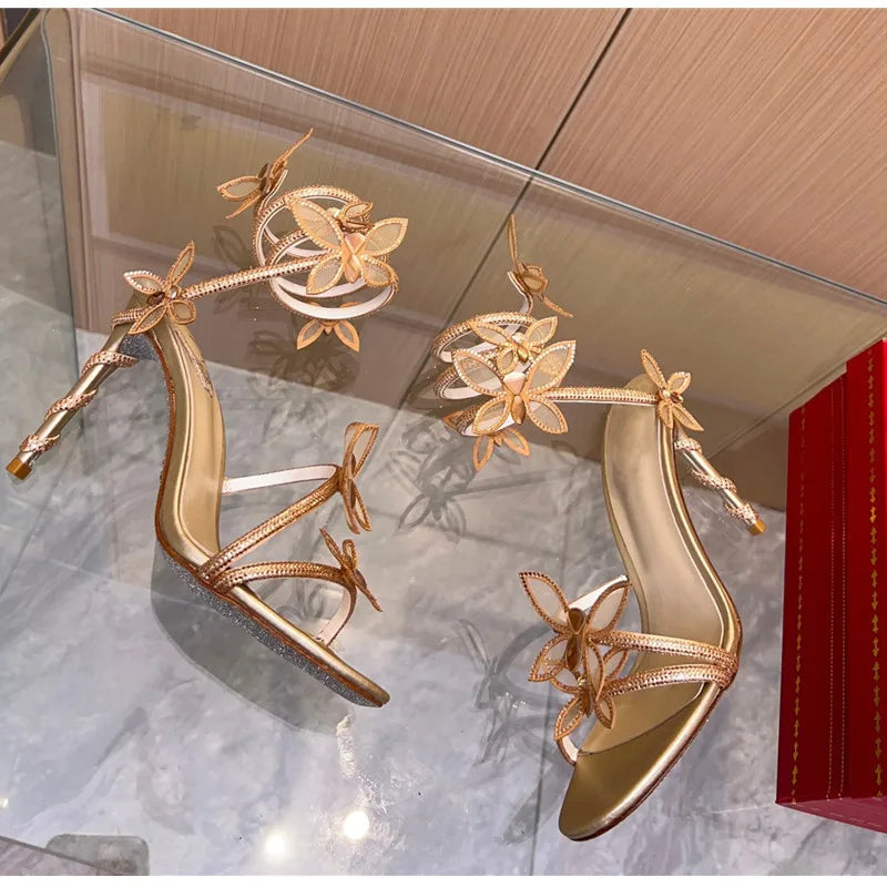 Luxury Crystal Embellished Butterfly Detail Women Sandals Sexy Coiled Strap High heels Gladiator Sandals Summer Party prom Shoes, need a dress