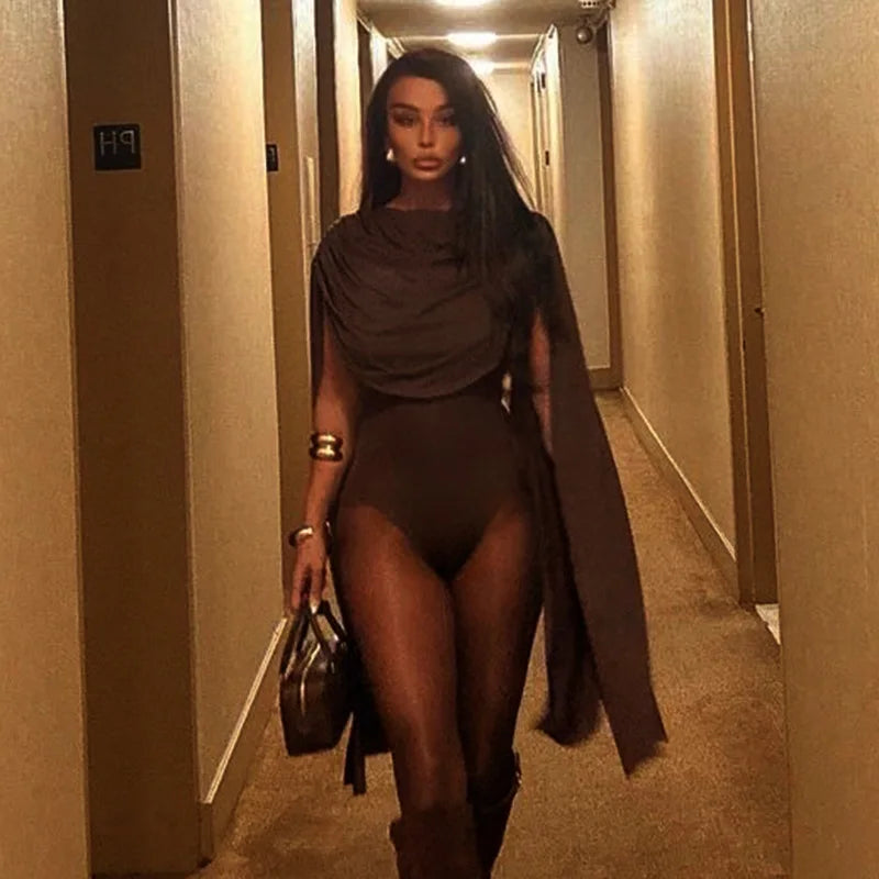 BOOFEENAA Cowl Neck Sleeveless Bodysuit Tops Spring 2025 Women Sexy Clothing Brown One Pieces Club Outfit C85-CZ24, dress