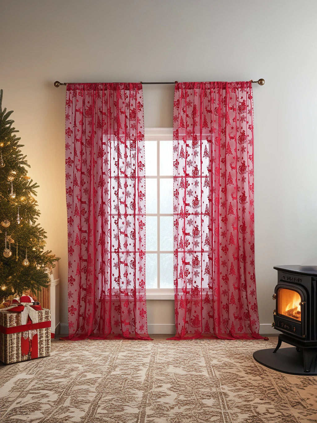 American Red Lace Sleigh Santa Christmas Curtains for Living Room Bedroom Window Festive Atmosphere Decorative