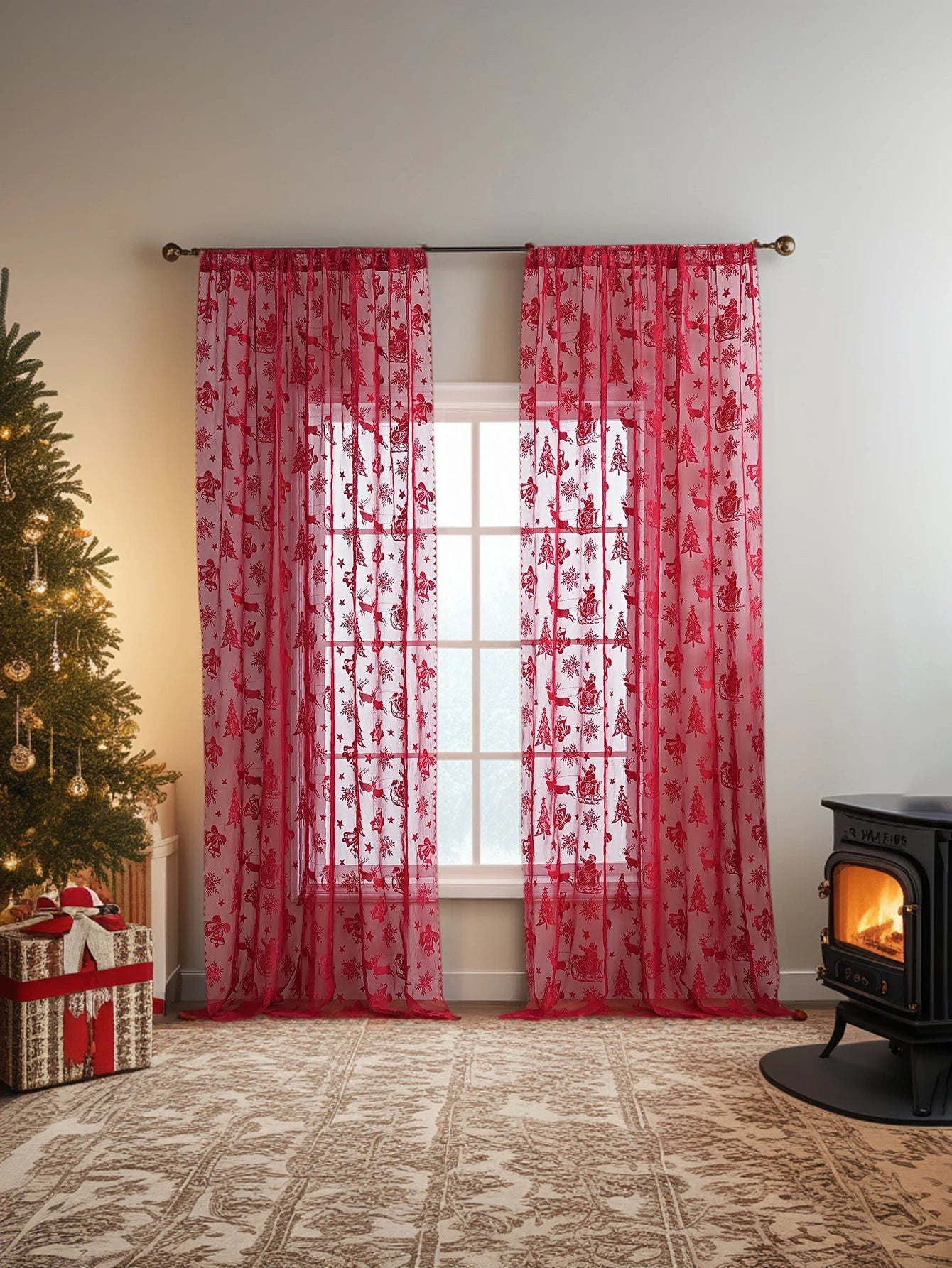 American Red Lace Sleigh Santa Christmas Curtains for Living Room Bedroom Window Festive Atmosphere Decorative
