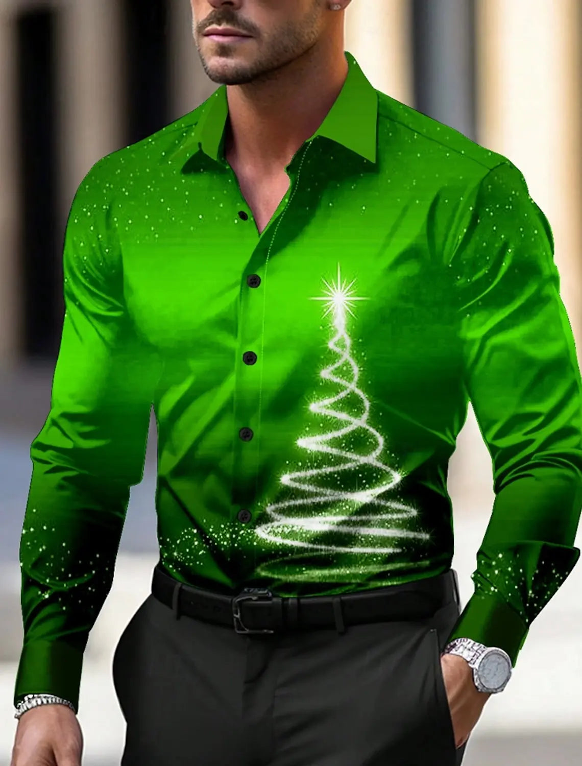 Christmas Theme Men's Christmas Trees Printed Shirts Snowflake Gradient Graphics Button Up Long Sleeve Shirts Fashion Tops Thin
