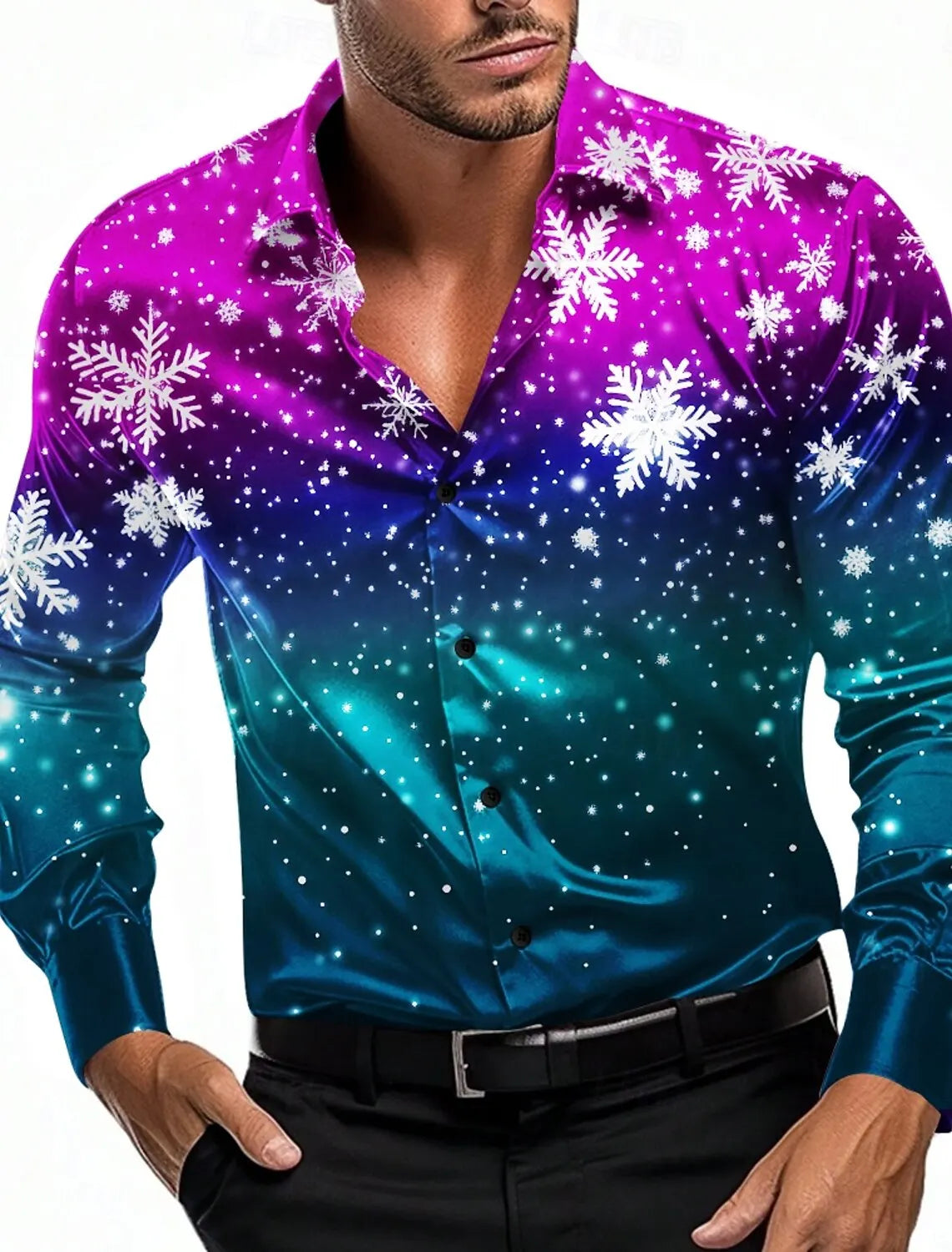 Christmas Theme Men's Christmas Trees Printed Shirts Snowflake Gradient Graphics Button Up Long Sleeve Shirts Fashion Tops Thin