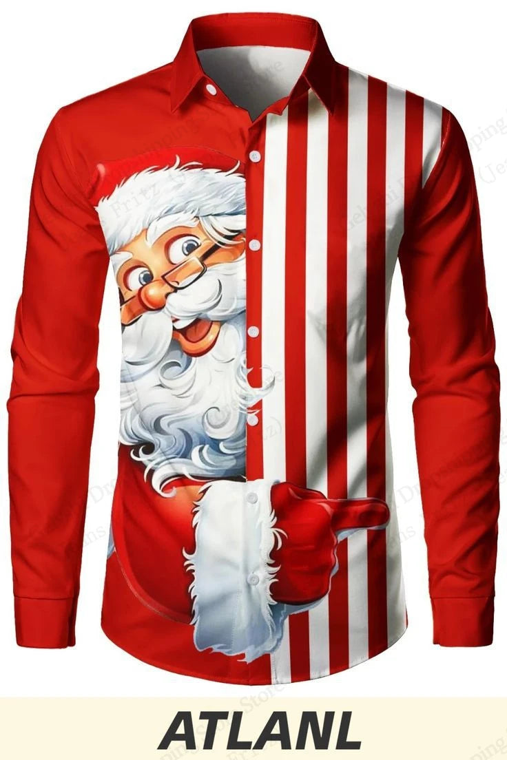 Men's Santa Claus Christmas Long Sleeve Shirt Reindeer Elk 3d Print Shirt Men Women Fashion Casual Shirts Blouse Xmas Clothes