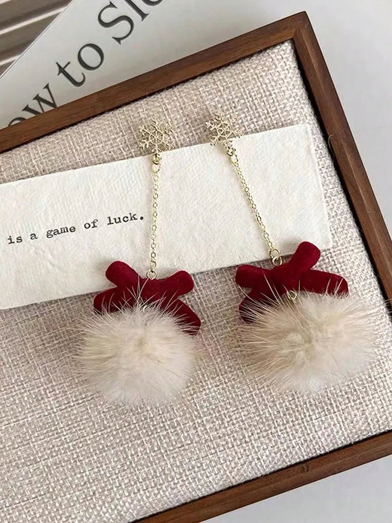 Cute Pompom Ball Bow Snowflake Elk Earrings Sweet Fashion Jewelry for Women and Girls New Year Gifts