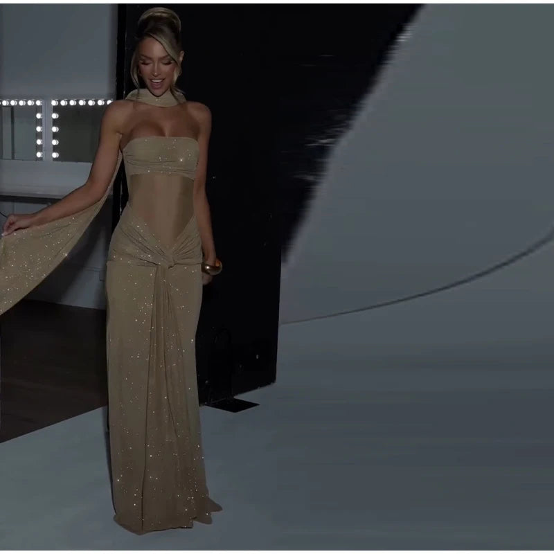 Women's Elegant Bustier Dress Sexy Strapless Corset Transparent Draped Satin Lace Up Bodycon Dresses Evening Party Shining Robe