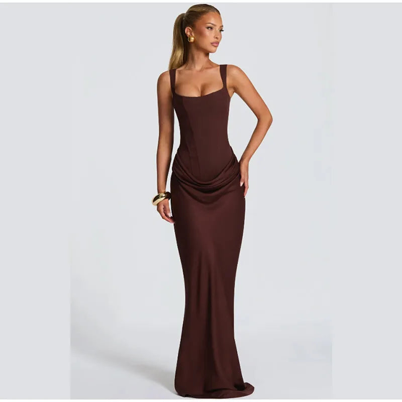Women Brown Pleated Sling Maxi Dress Square Neck Sleeveless Off-shoulder Waist Cinching Slim Dresses Fashion Evening Party Gowns
