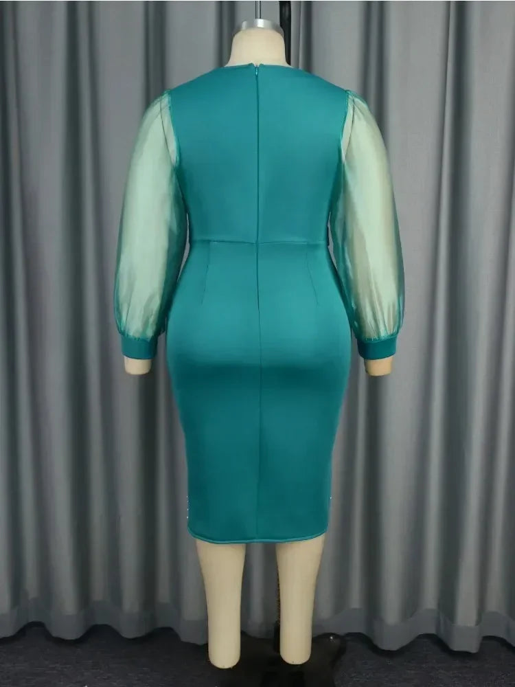 Luxury Red Evening Dress V-neck Bead Belt Mesh Lantern Long Sleeve Sexy Women's Party Classy Office Ladies Wedding Guest Gowns