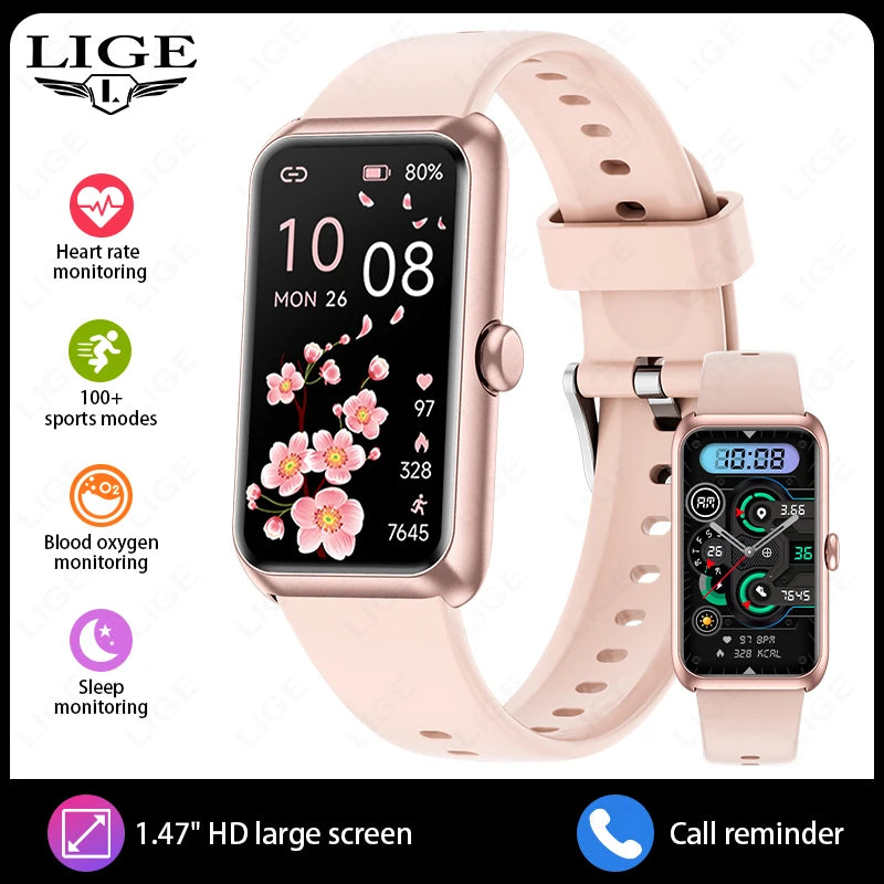 LIGE 1.47" Sports Band Fitness Tracker Watches for Women Men with Heart Rate Sleep Monitor IP68 Waterproof Pedometer Smart Watch
