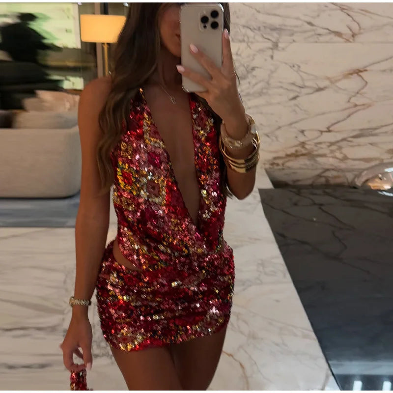Colorful Sequin Halter Plunge-Neck Set Sleeveless Backless Vest Bodycon Mini Skirt 2025 Summer Party Chic Suit Sexy Lady Outfit