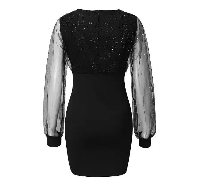 Sexy Sequin Mesh Dress V-Neck Bodycon Elegant Tight Fit Autumn Winter Fashion Women's Clothing Elegant Tight Fit Dress