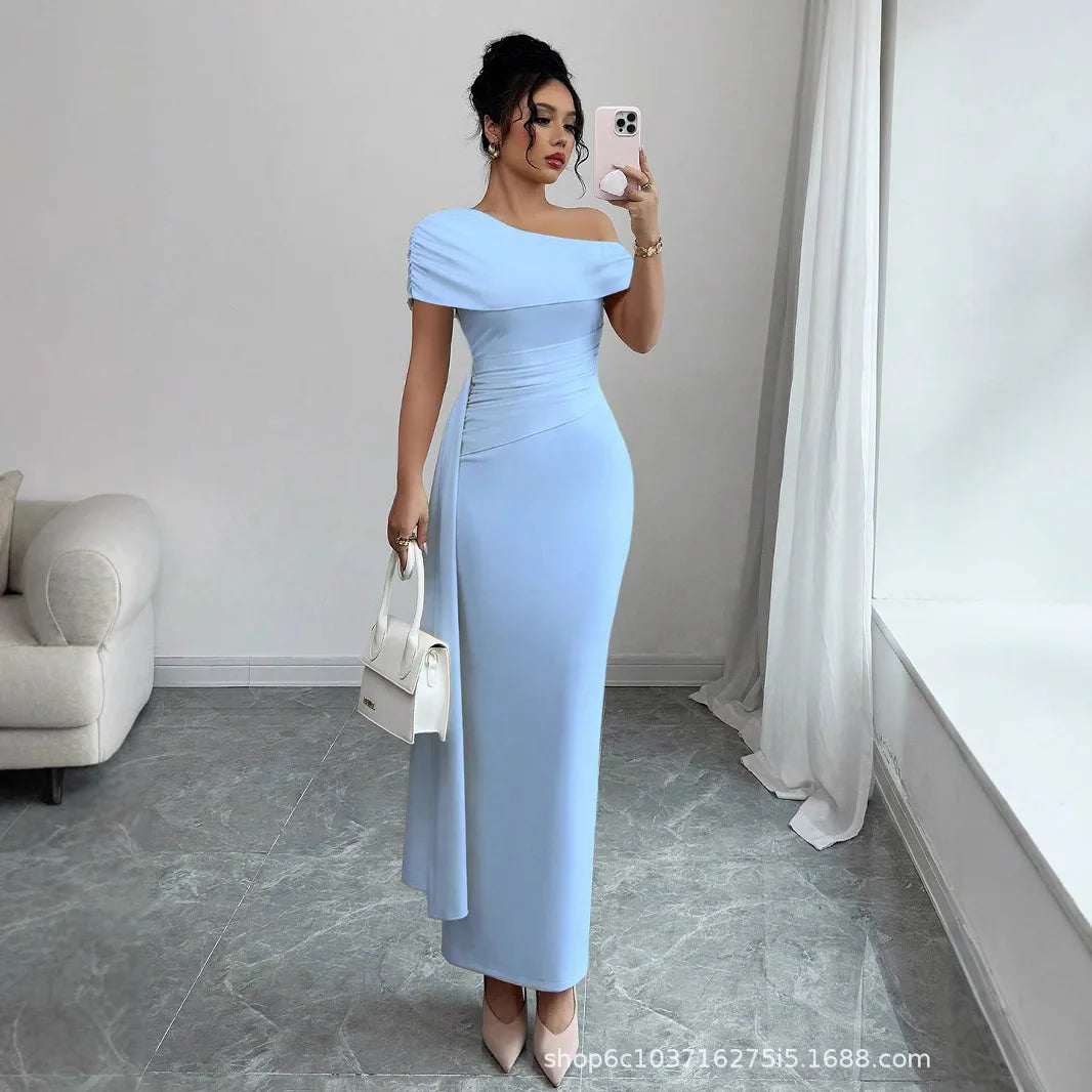 Sheath Dress Women Party Long Dresses Asymmetrical Diagonal Collar Slim Folds Maxi Gown Summer 2025 Female Sexy Vestidos