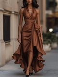 Elegant Women's Evening Rules Ruffled Slit Dress Summer Sexy Deep V Neck Backless Slimming Lady Waist Cinching Lace Up Dreses