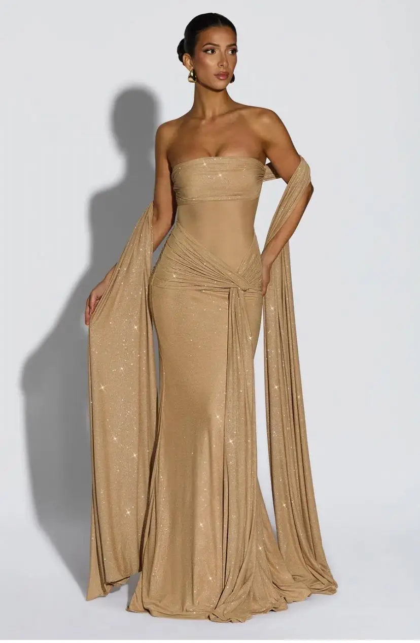 Women's Elegant Bustier Dress Sexy Strapless Corset Transparent Draped Satin Lace Up Bodycon Dresses Evening Party Shining Robe