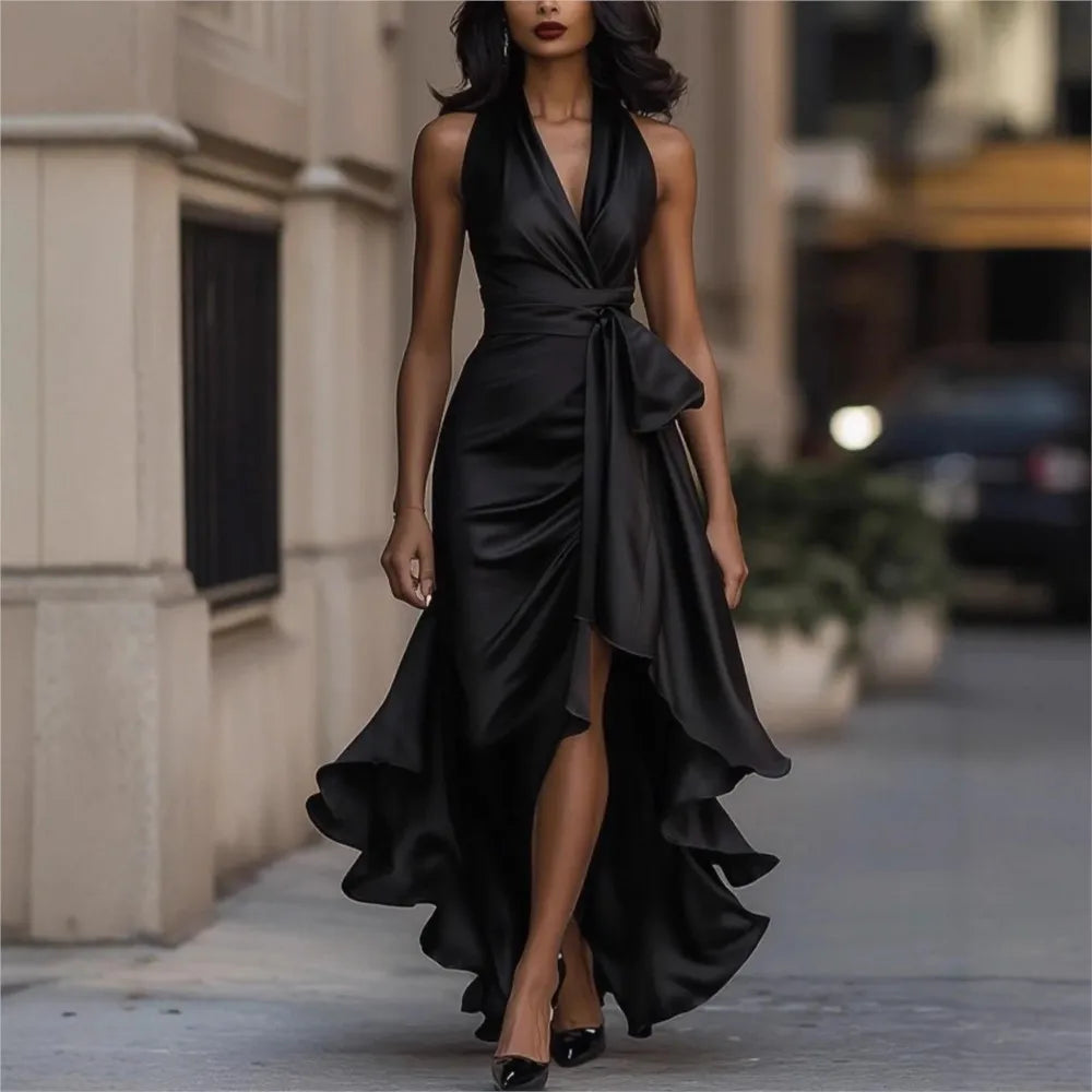 Elegant Women's Evening Rules Ruffled Slit Dress Summer Sexy Deep V Neck Backless Slimming Lady Waist Cinching Lace Up Dreses