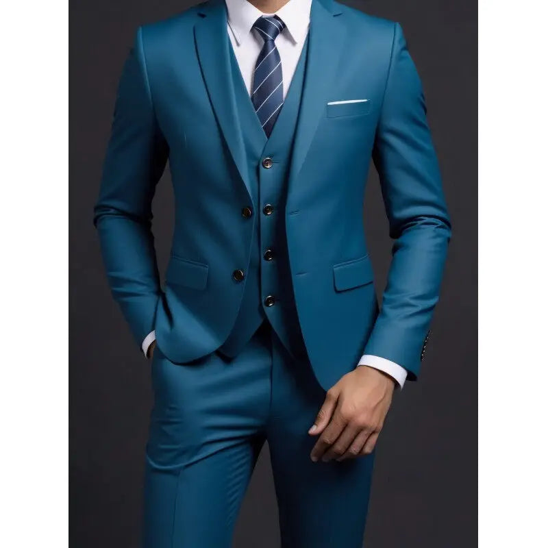 Suit (Blazer+ Vest + Trousers) Men's Fashionable Gentleman Business British Style Solid-color Banquet Host Casual Wedding Suit